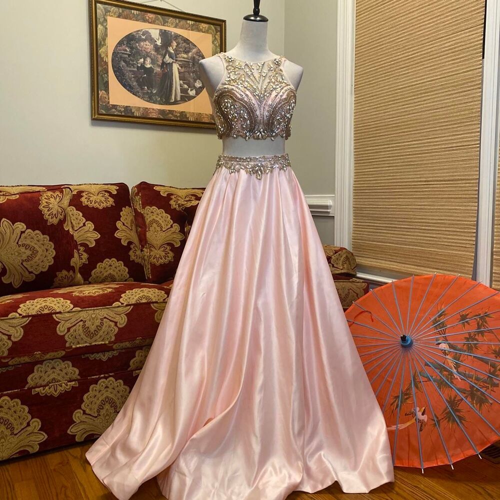 y2k prom 2 piece pastel pink beaded gown skirt with fully beaded cropped top